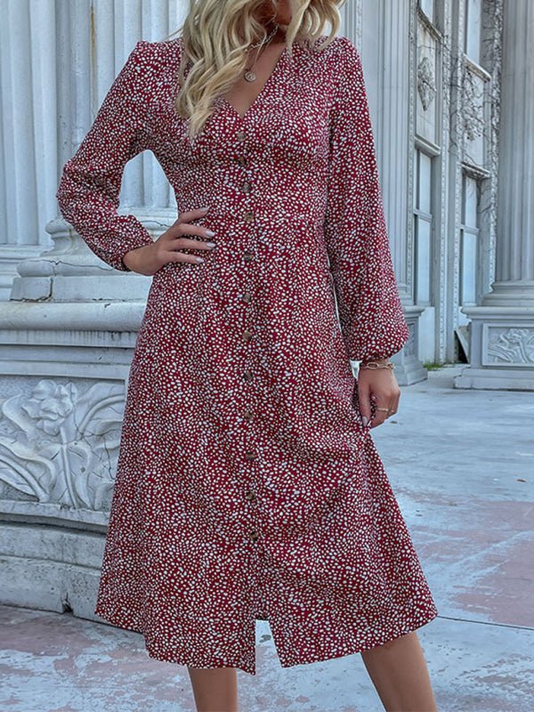 V - neck single - breasted cross - border long - sleeved dress autumn - Casual Dress