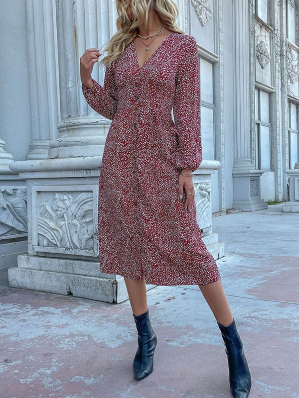 V - neck single - breasted cross - border long - sleeved dress autumn - Casual Dress