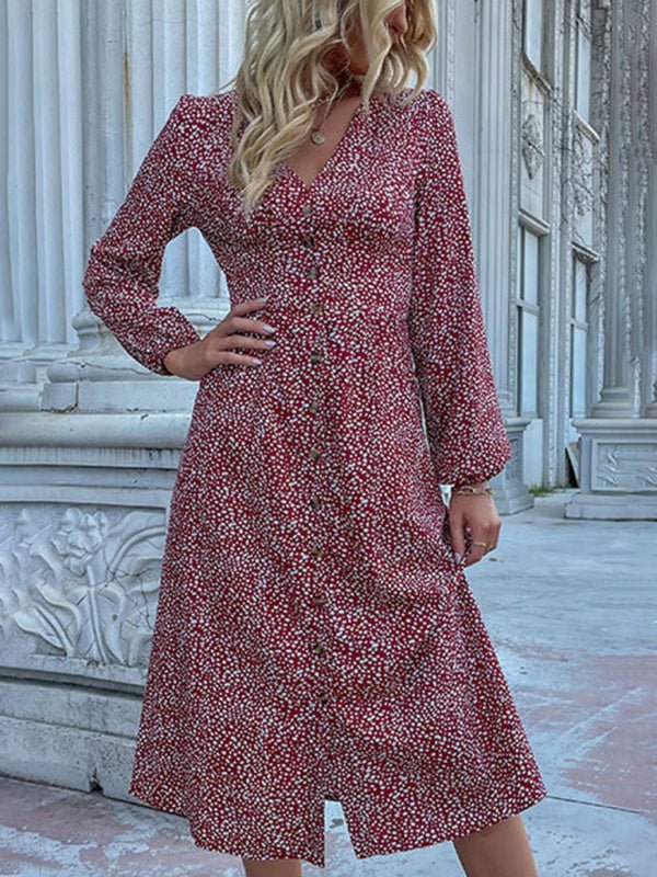 V - neck single - breasted cross - border long - sleeved dress autumn - Casual Dress