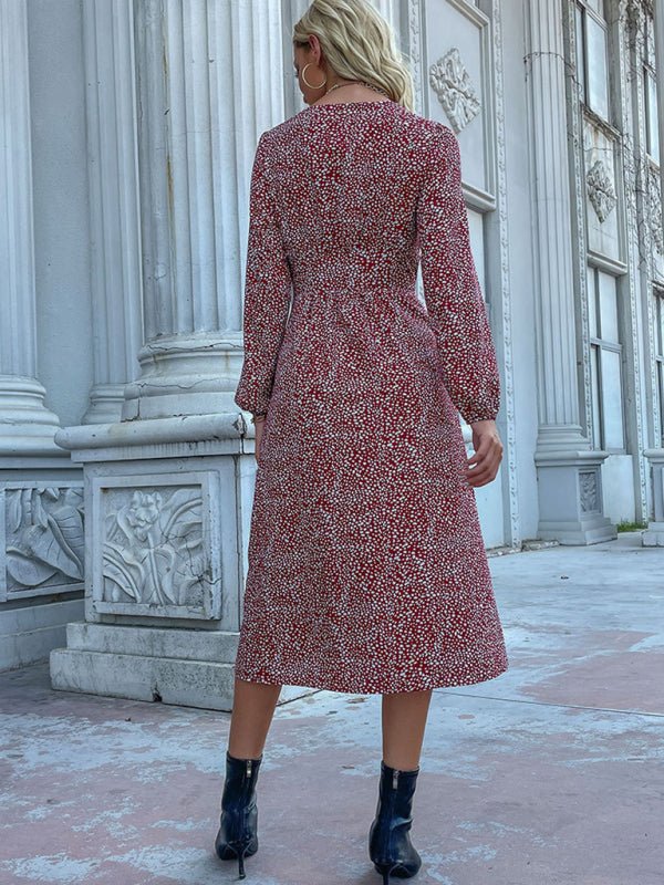 V - neck single - breasted cross - border long - sleeved dress autumn - Casual Dress