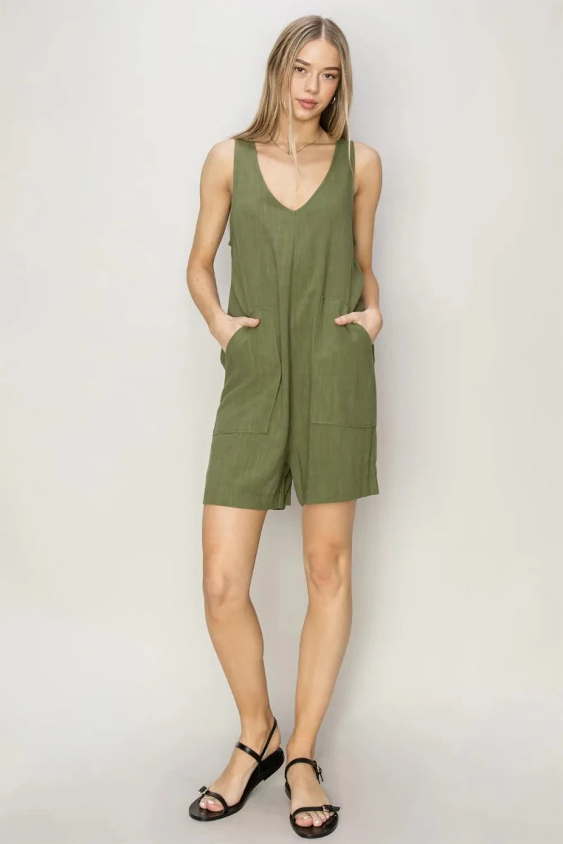 V - Neck Sleeveless Linen Romper with Pockets - 