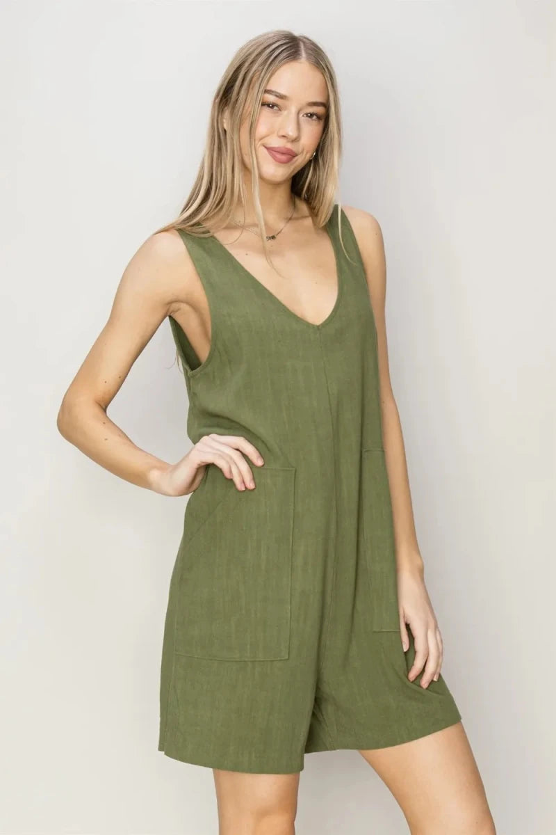 V - Neck Sleeveless Linen Romper with Pockets - 