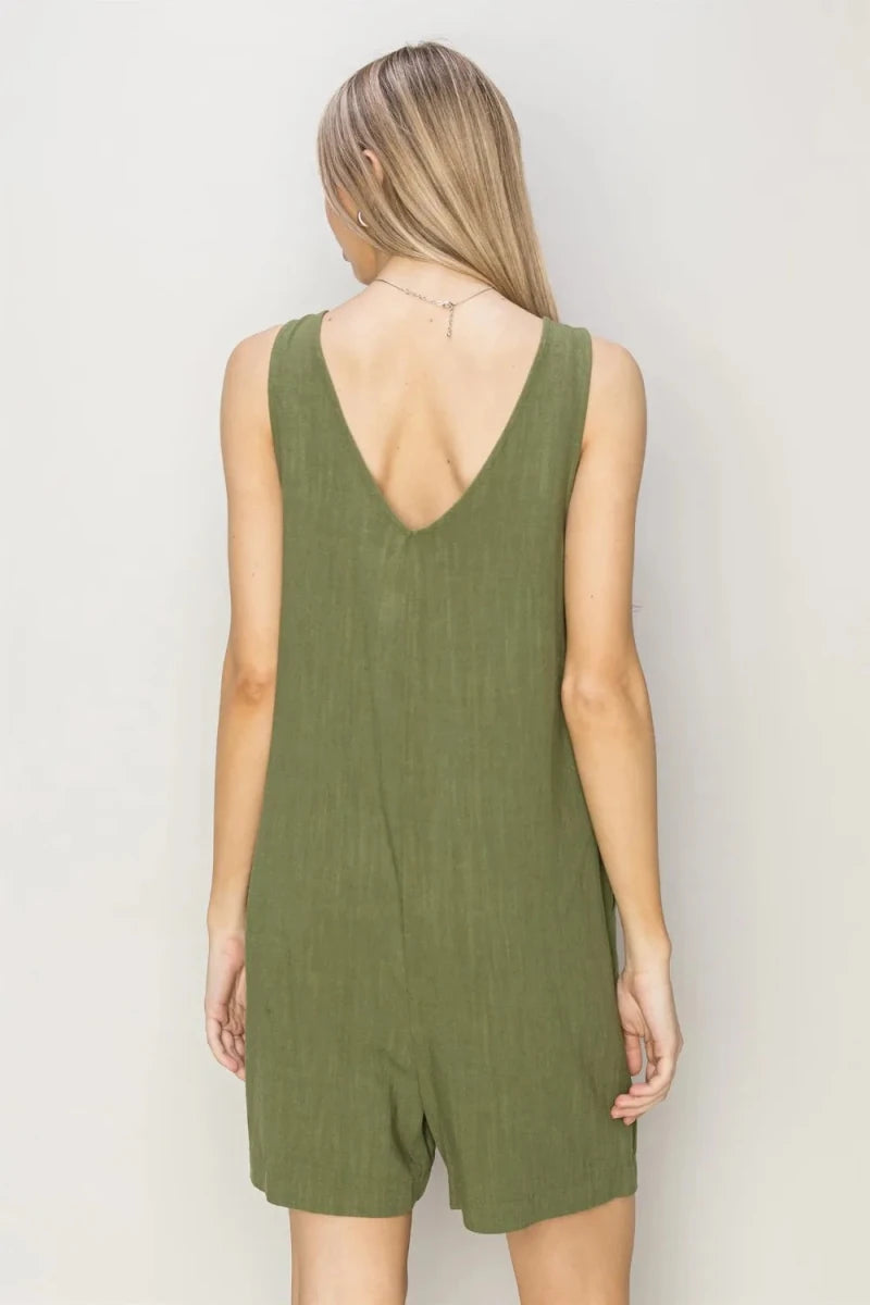 V - Neck Sleeveless Linen Romper with Pockets - 