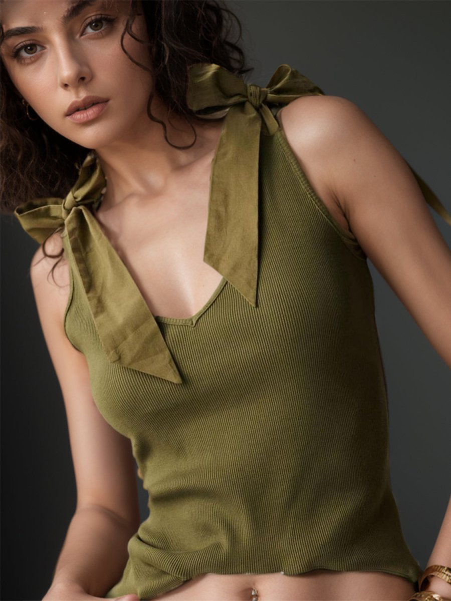 V - Neck Tie Shoulder Tank - Top