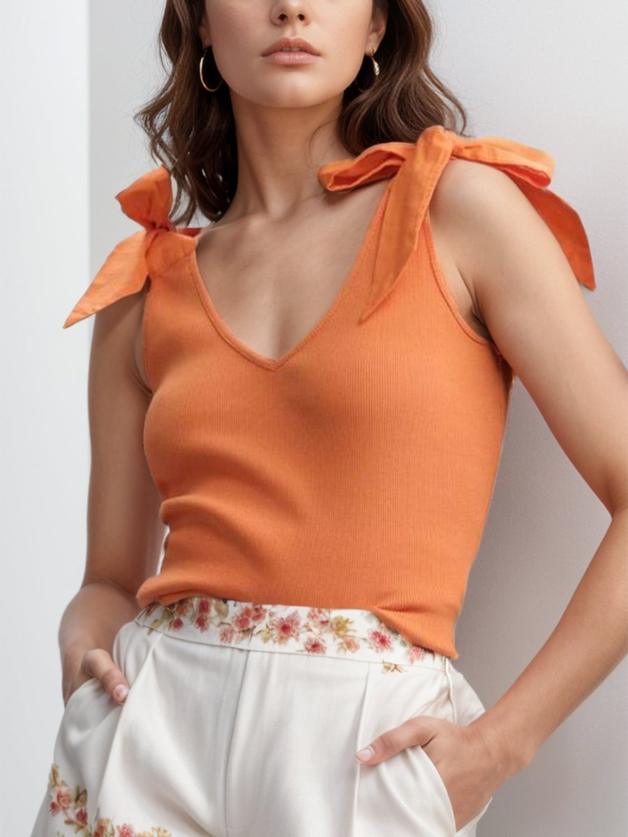 V - Neck Tie Shoulder Tank - Top