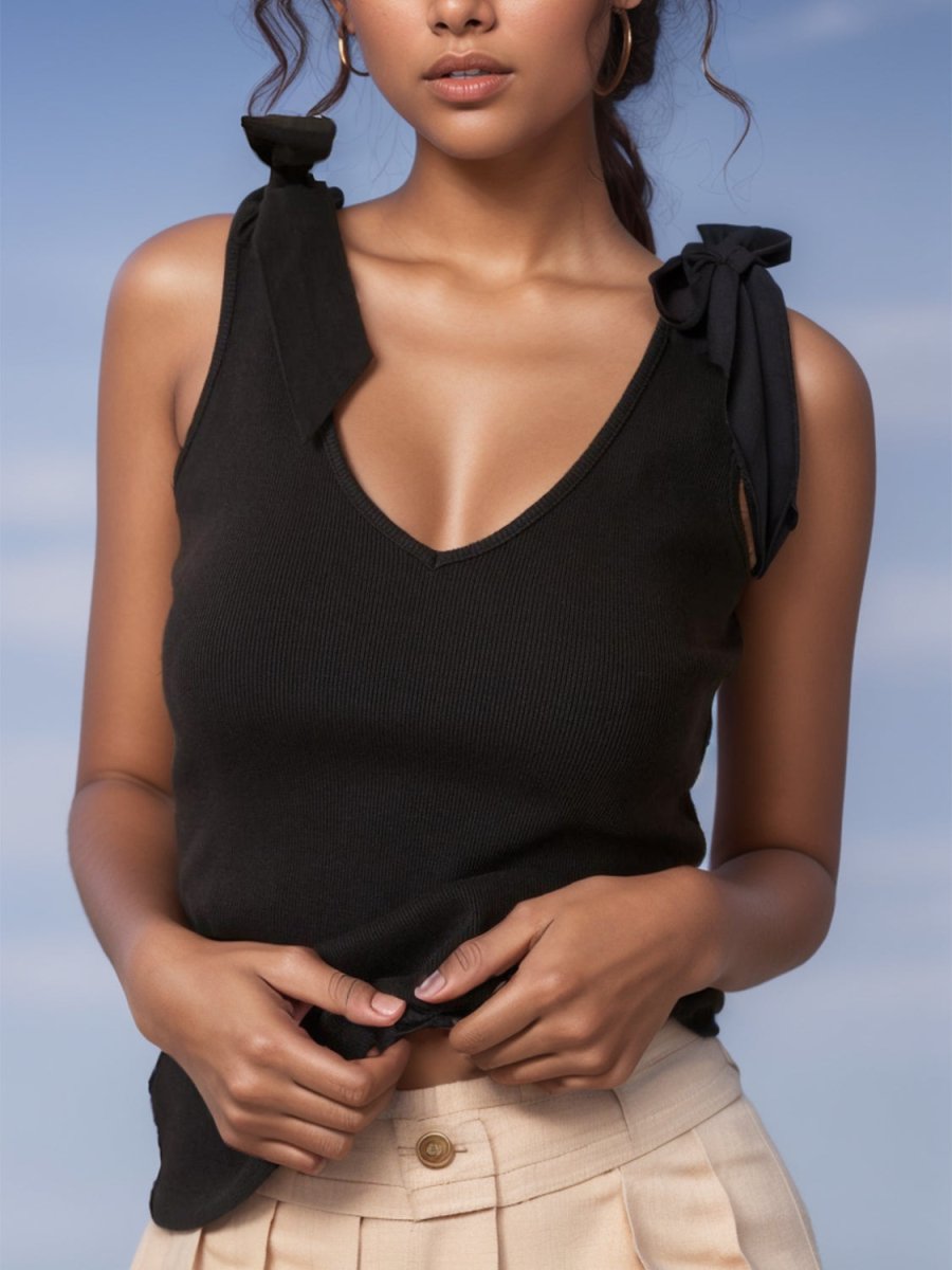 V - Neck Tie Shoulder Tank - Top