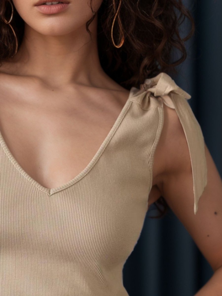 V - Neck Tie Shoulder Tank - Top