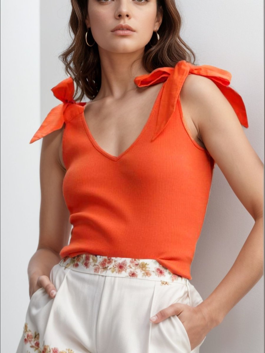V - Neck Tie Shoulder Tank - Top