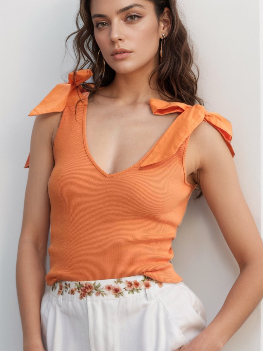 V - Neck Tie Shoulder Tank - Top