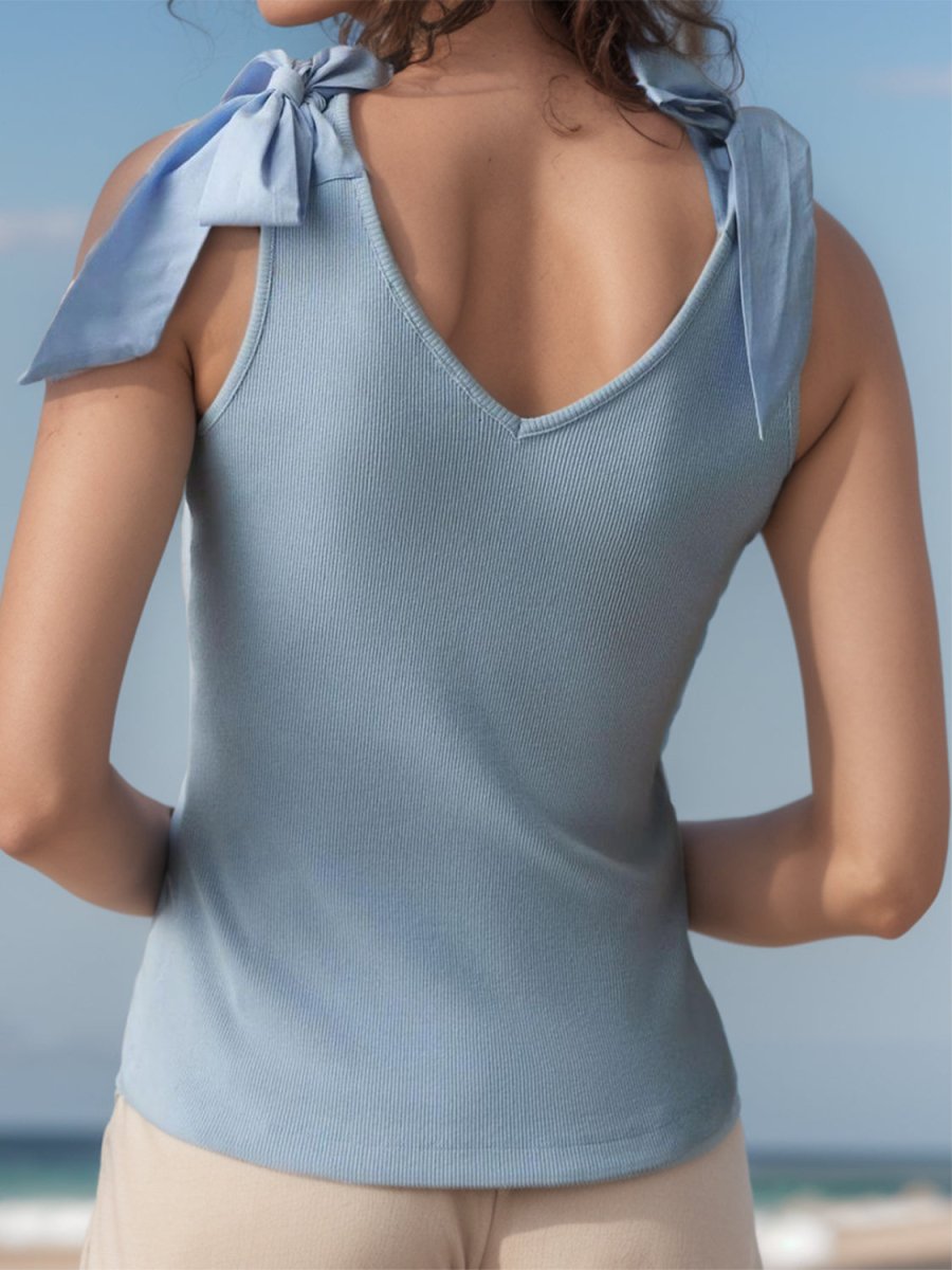 V - Neck Tie Shoulder Tank - Top