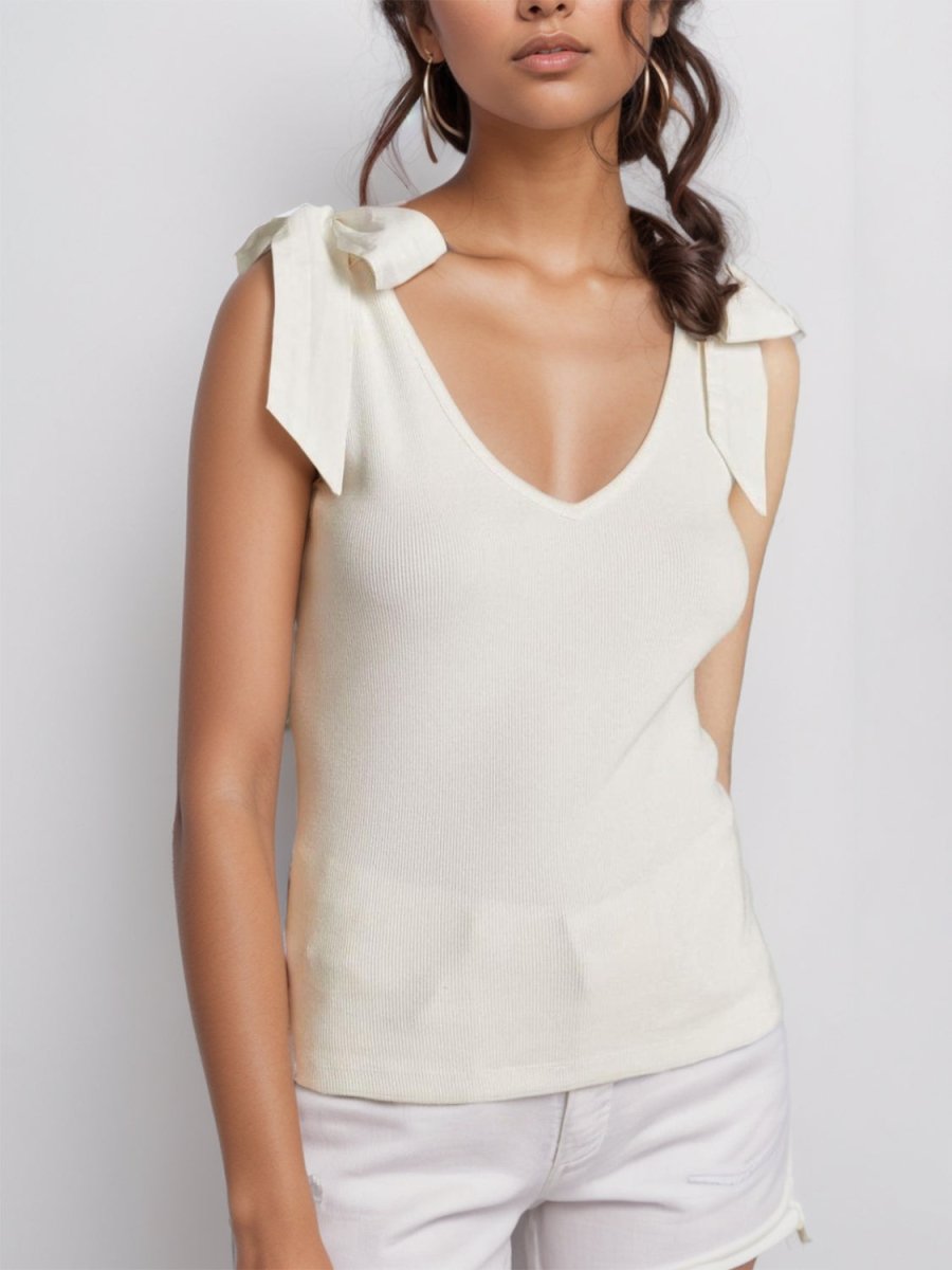 V - Neck Tie Shoulder Tank - Top