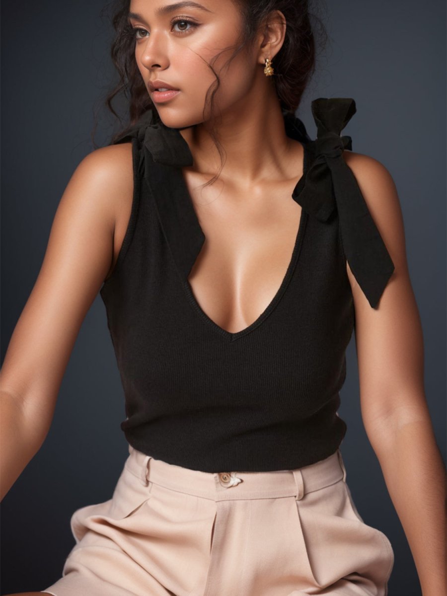 V - Neck Tie Shoulder Tank - Top