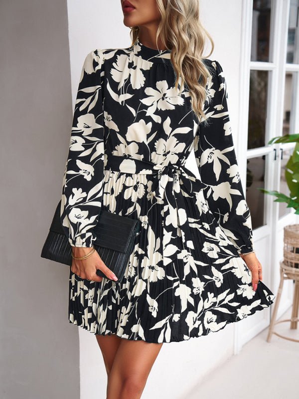Vacation casual long - sleeved round neck pleated dress - Formal Dress