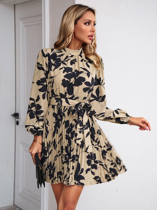 Vacation casual long - sleeved round neck pleated dress - Formal Dress