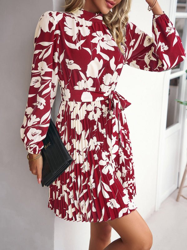 Vacation casual long - sleeved round neck pleated dress - Formal Dress