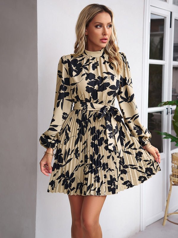 Vacation casual long - sleeved round neck pleated dress - Formal Dress