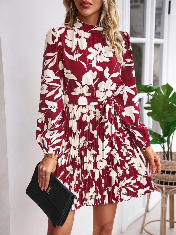 Vacation casual long - sleeved round neck pleated dress - Formal Dress