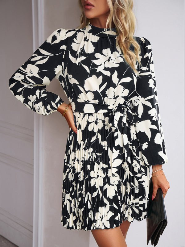 Vacation casual long - sleeved round neck pleated dress - Formal Dress