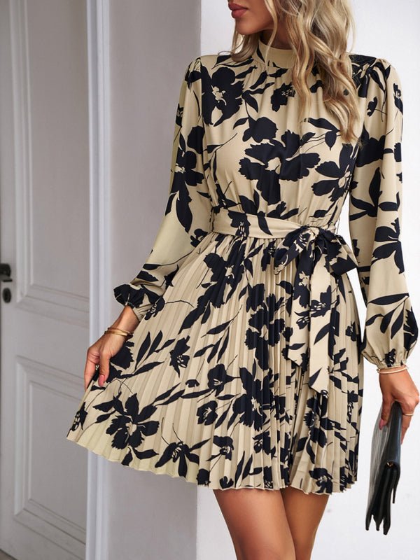 Vacation casual long - sleeved round neck pleated dress - Formal Dress