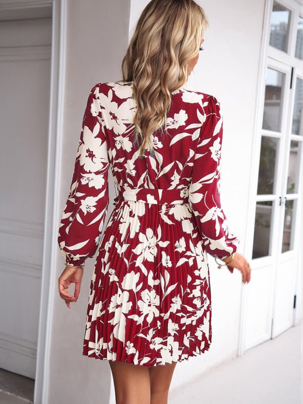 Vacation casual long - sleeved round neck pleated dress - Formal Dress