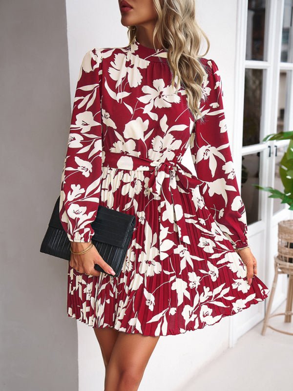 Vacation casual long - sleeved round neck pleated dress - Formal Dress