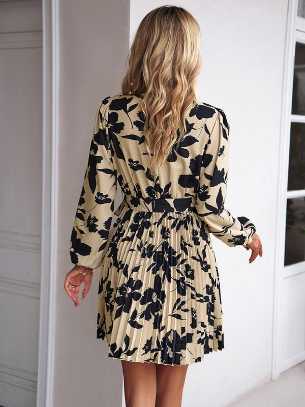 Vacation casual long - sleeved round neck pleated dress - Formal Dress