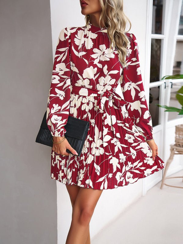 Vacation casual long - sleeved round neck pleated dress - Formal Dress