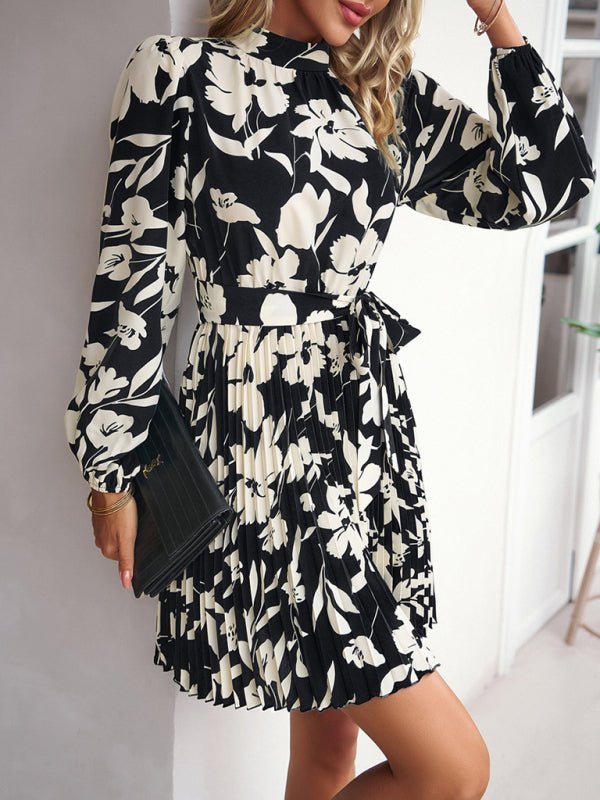 Vacation casual long - sleeved round neck pleated dress - Formal Dress