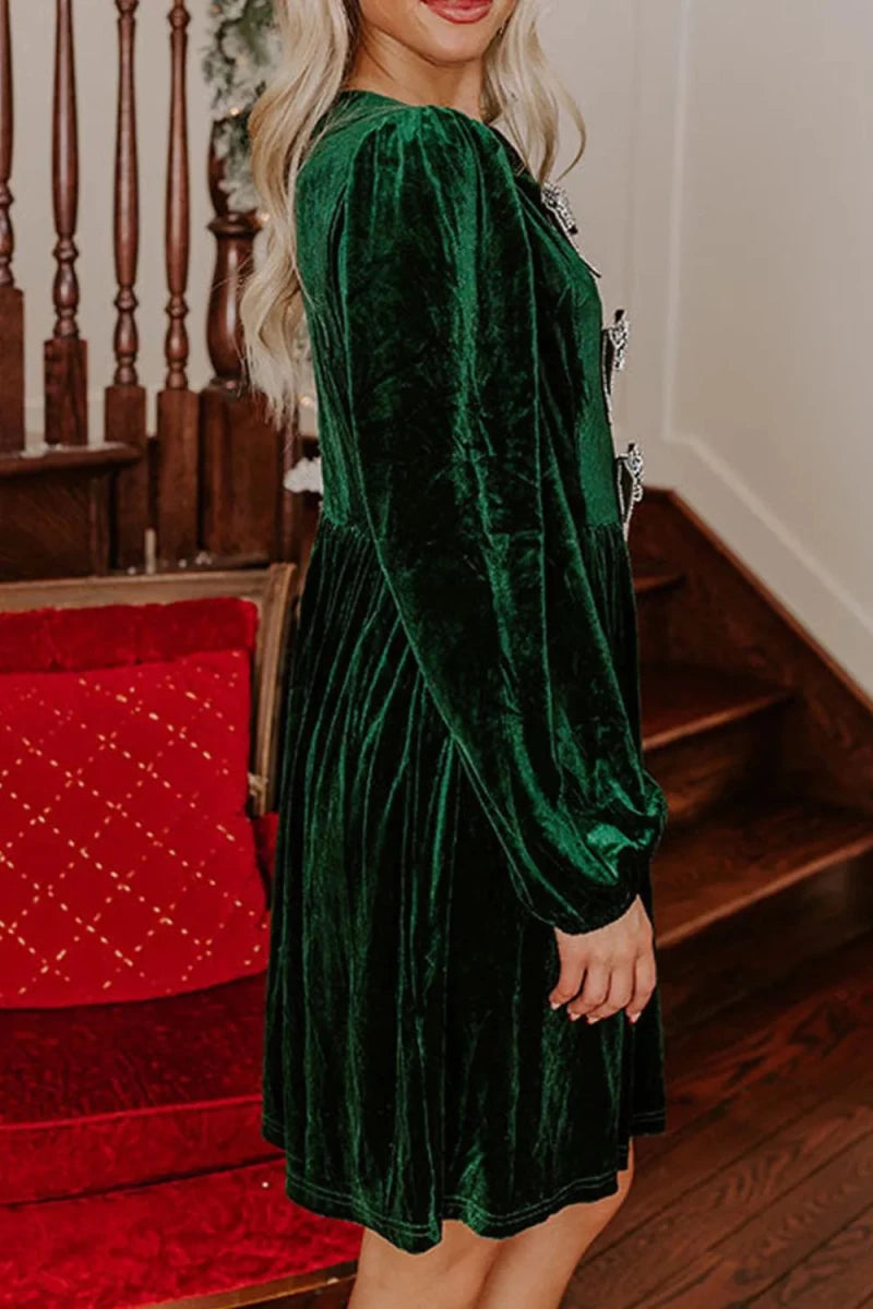 Velvet Bow Front Balloon Sleeve Dress - 
