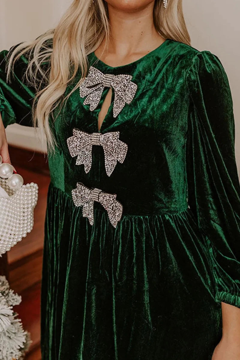 Velvet Bow Front Balloon Sleeve Dress - 
