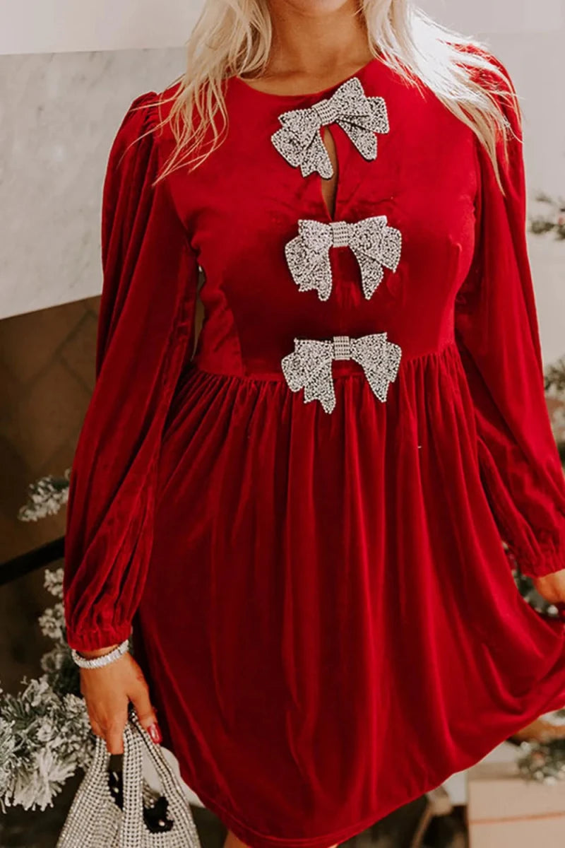 Velvet Bow Front Balloon Sleeve Dress - 