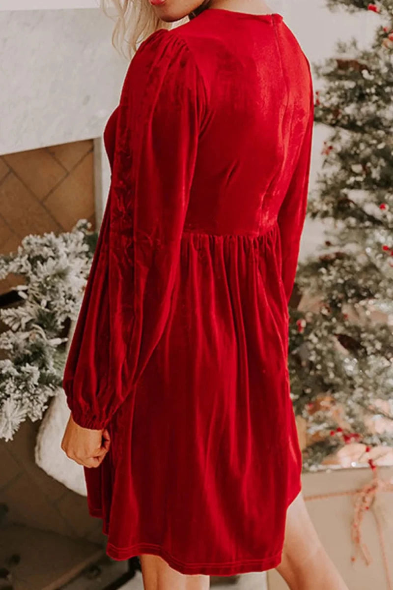 Velvet Bow Front Balloon Sleeve Dress - 
