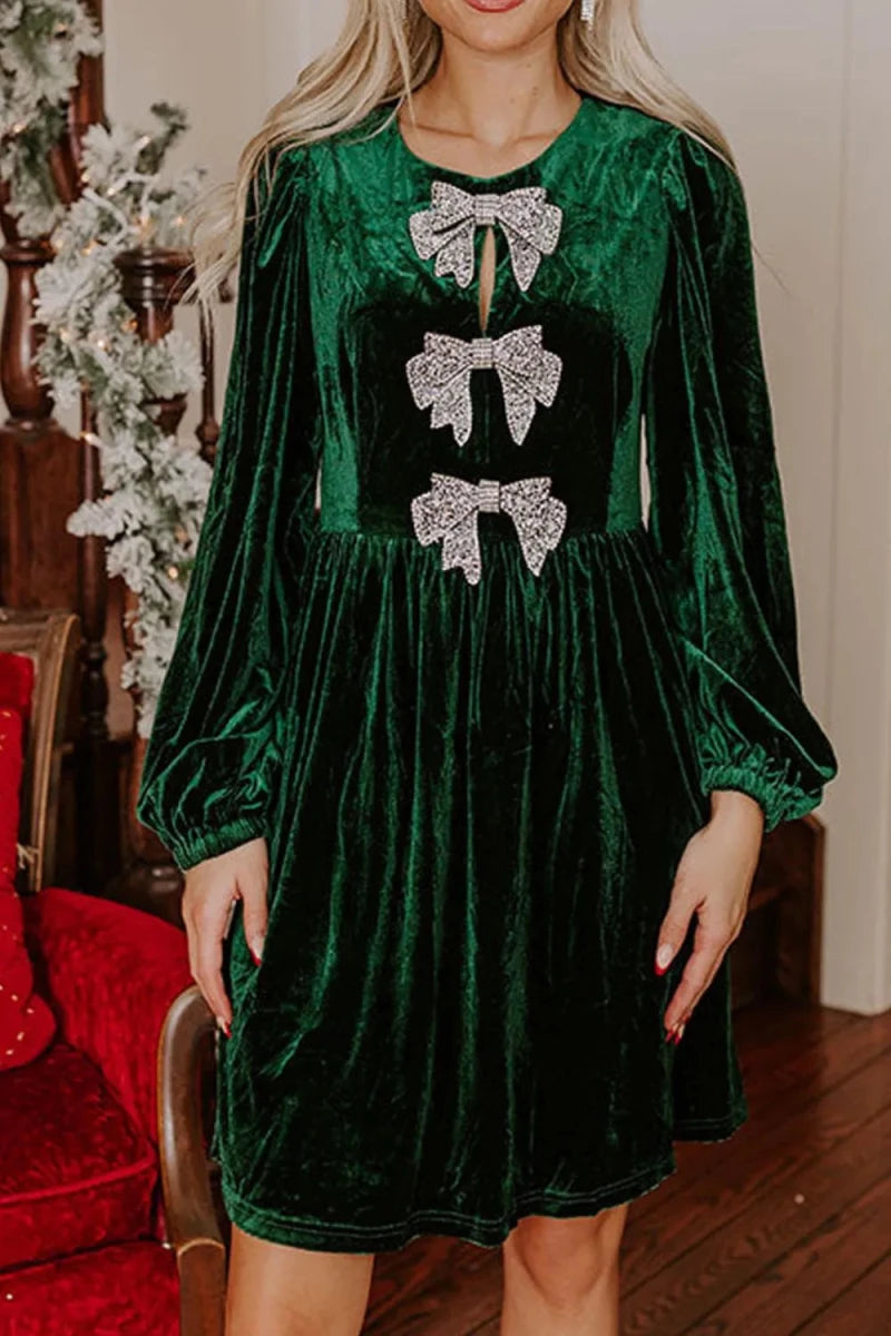 Velvet Bow Front Balloon Sleeve Dress - 