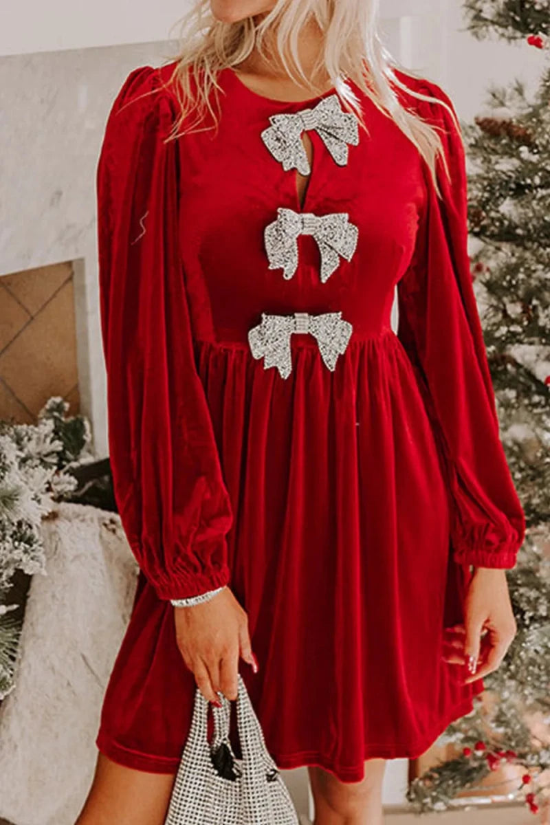Velvet Bow Front Balloon Sleeve Dress - 