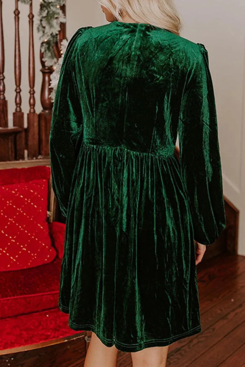 Velvet Bow Front Balloon Sleeve Dress - 