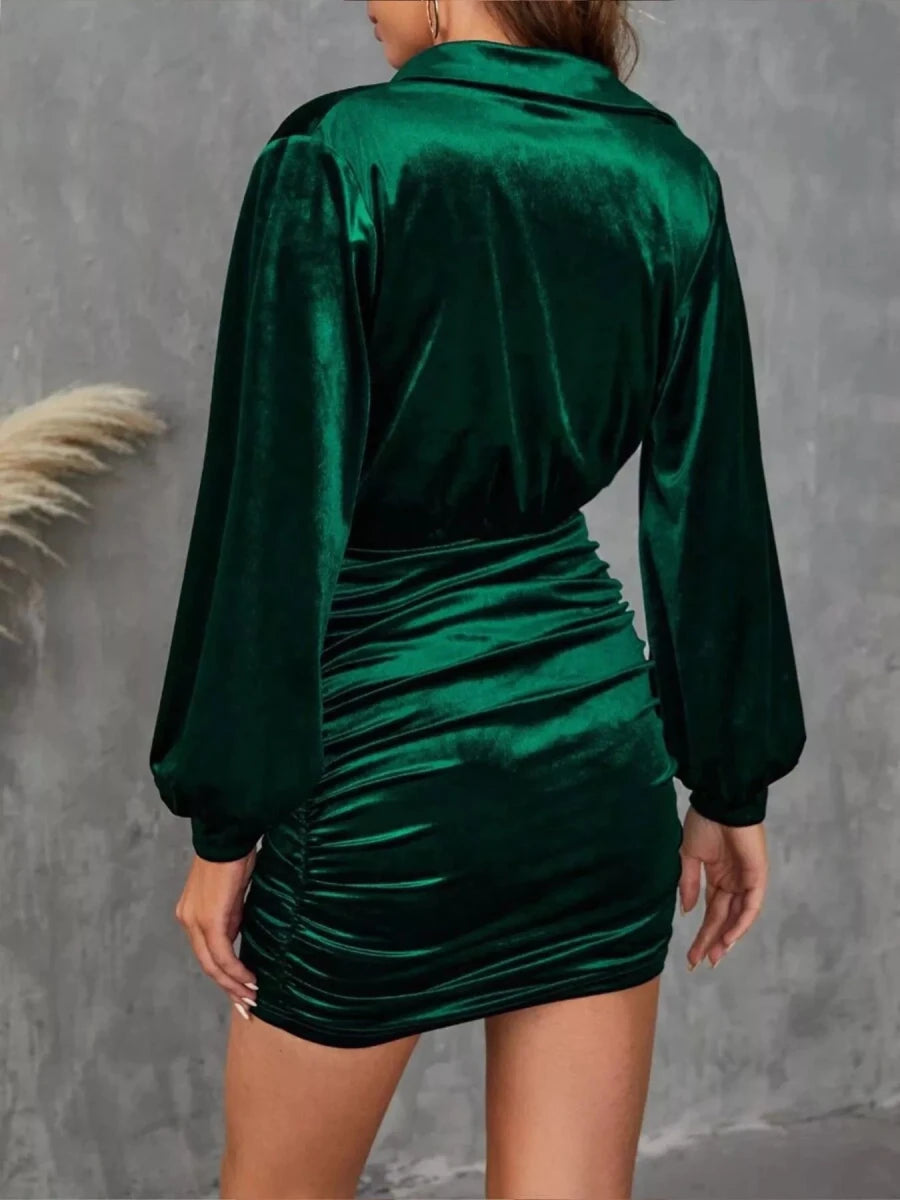 Velvet Cowl Neck Ruched Mini Dress - 