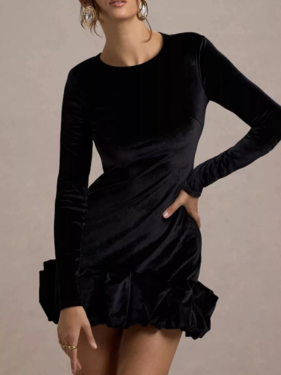 Velvet Ruched Hem Long Sleeve Dress - 
