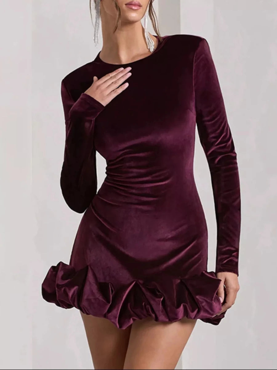 Velvet Ruched Hem Long Sleeve Dress - 