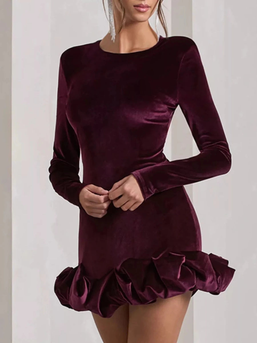Velvet Ruched Hem Long Sleeve Dress - 