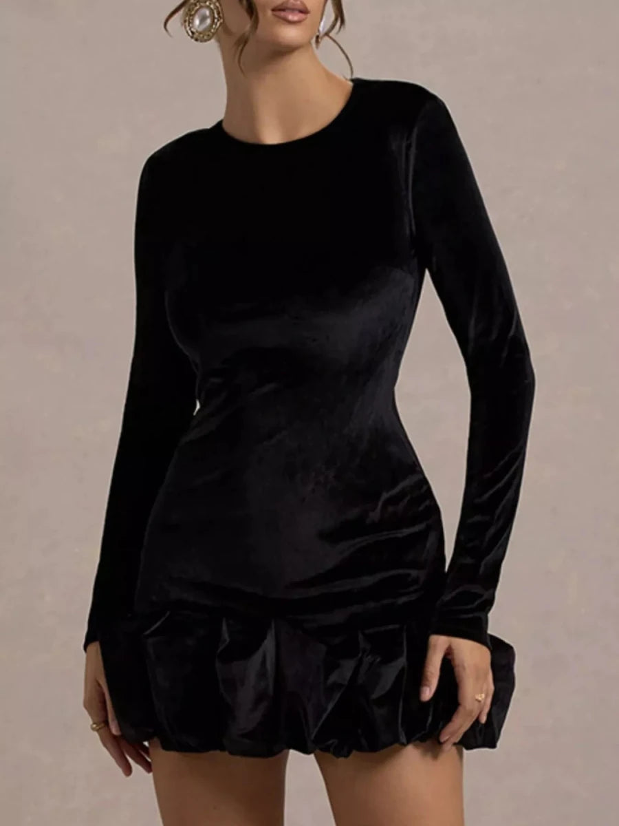 Velvet Ruched Hem Long Sleeve Dress - 
