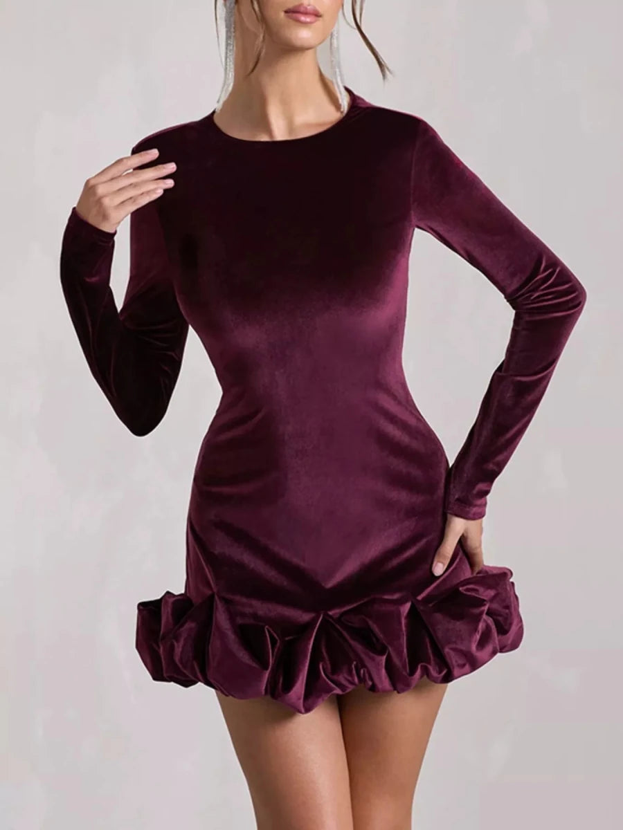 Velvet Ruched Hem Long Sleeve Dress - 