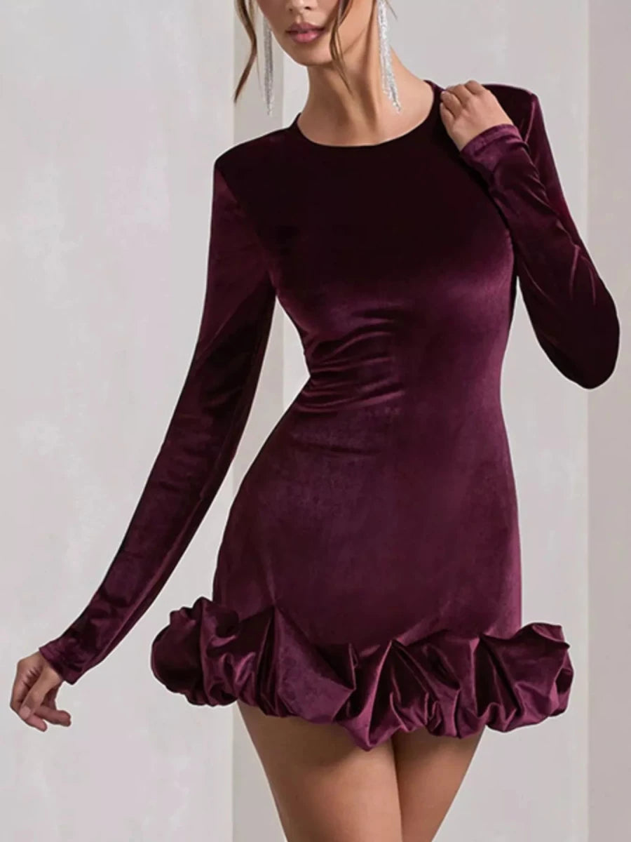 Velvet Ruched Hem Long Sleeve Dress - 