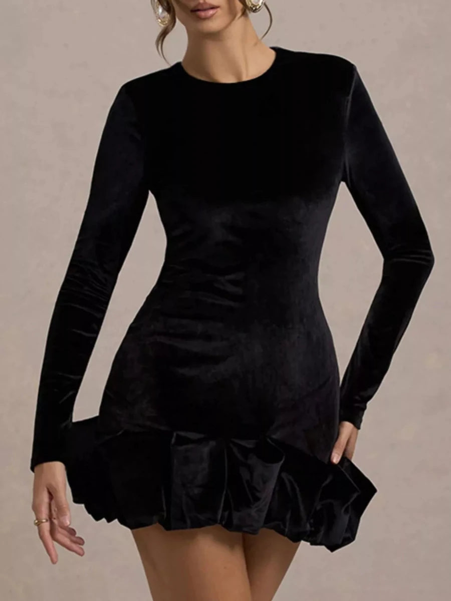 Velvet Ruched Hem Long Sleeve Dress - 