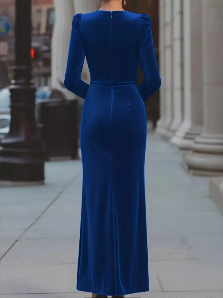 Velvet Ruched Slit Maxi Dress - 