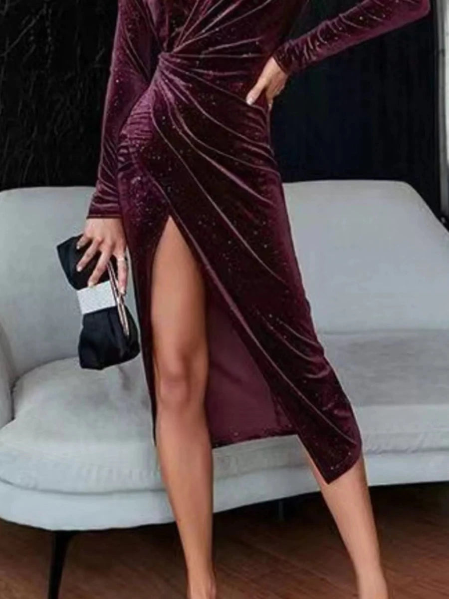 Velvet Ruched Slit Midi Dress - 
