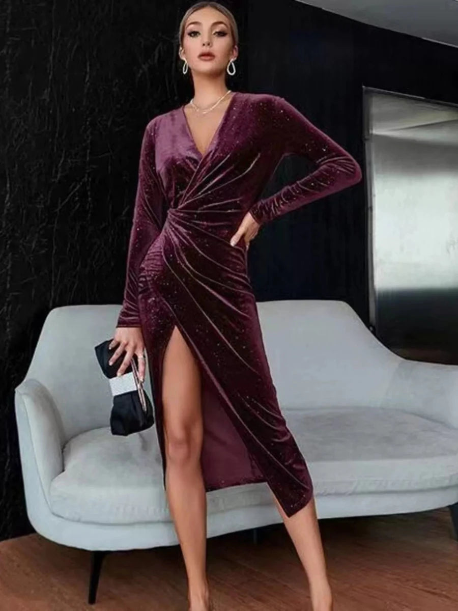 Velvet Ruched Slit Midi Dress - 