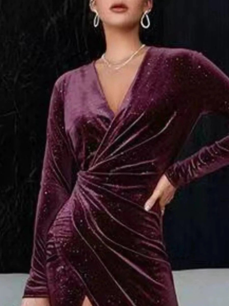 Velvet Ruched Slit Midi Dress - 