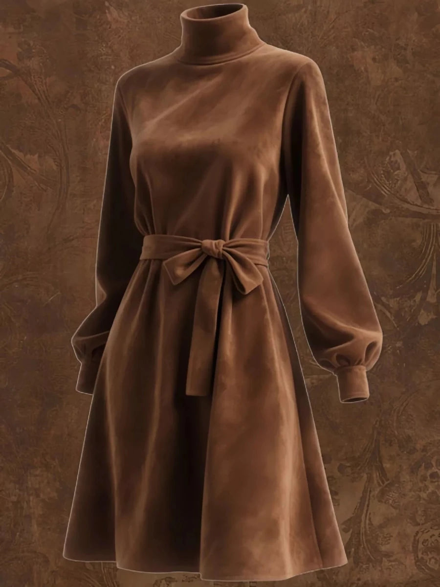 Velvet Turtleneck Lantern Sleeve Dress - 