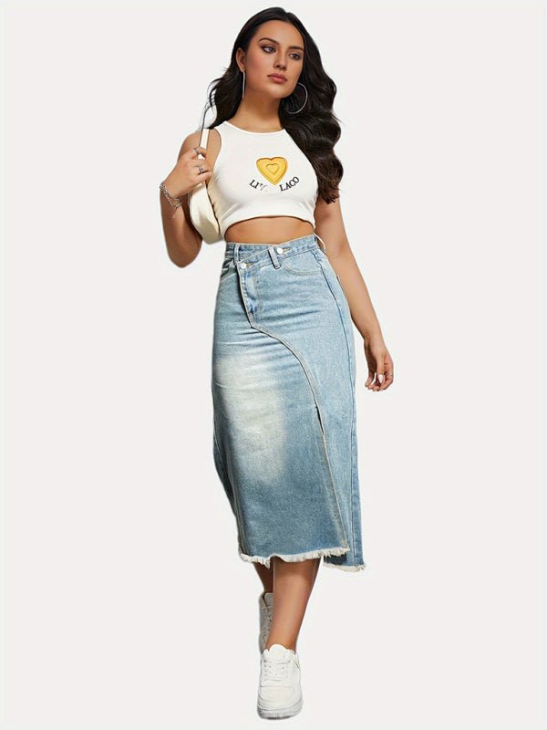 Versatile American retro denim fashionable slit splicing mid - length a - line skirt - Bottoms