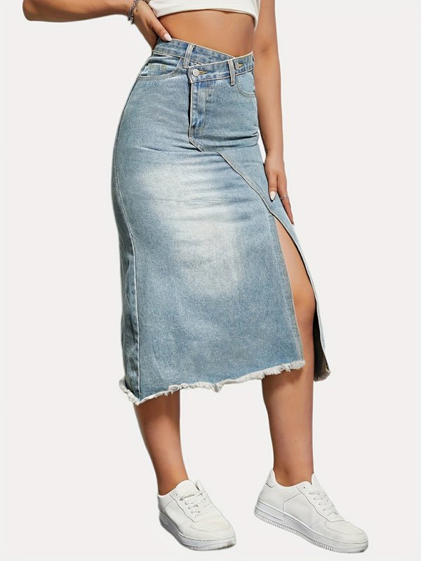 Versatile American retro denim fashionable slit splicing mid - length a - line skirt - Bottoms